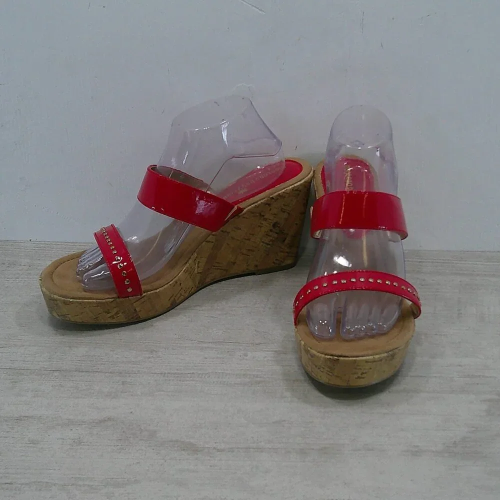 Montego Bay Club Sexy Cherry Red Platform Studded Open Toe Wedge Size 11W | Wide
